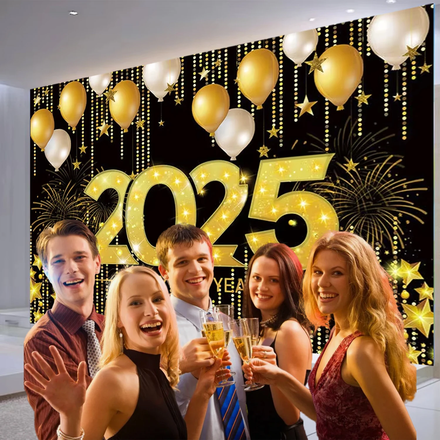 2025 Happy New Year Theme Photography Background Celebration Banners Fireworks Balloons Wine Glasses Party Decoration Prop Gift