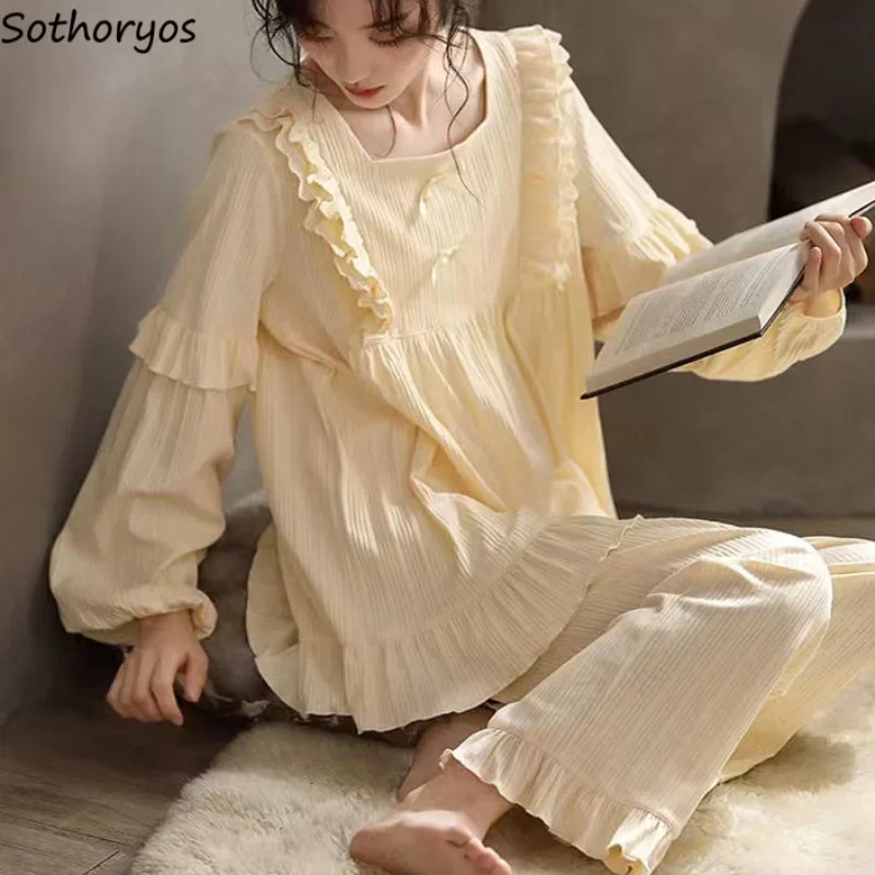 

Pajama Sets Women Pure Color Female Fashion Sweet Style Preppy Simple Sleepwear Autumn Basic Lovely Homewear Long Sleeve Mujer