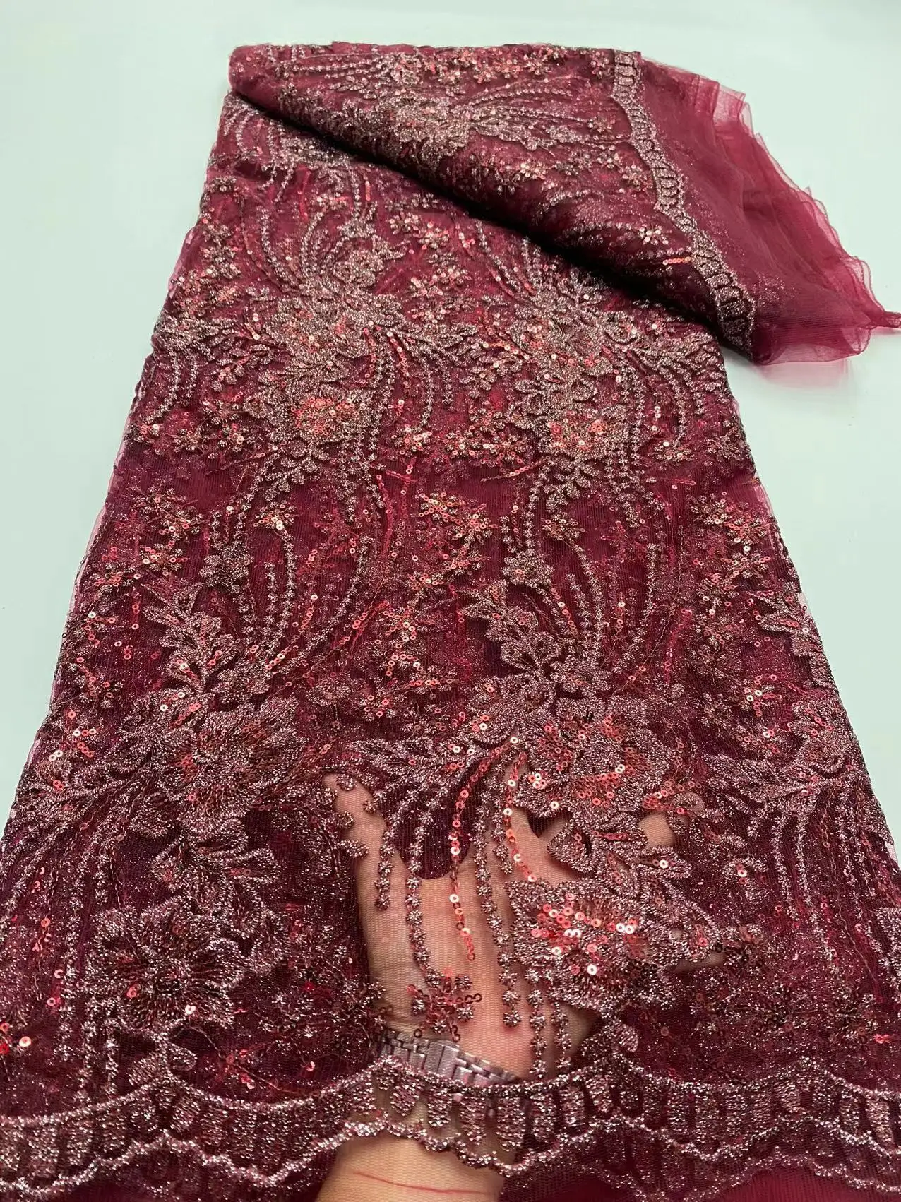 

2025 Latest Wine Red Mesh Fabric with Sequin African Embroidery for DIY wedding clothing Evening Dresses lace fabric 180 inchs