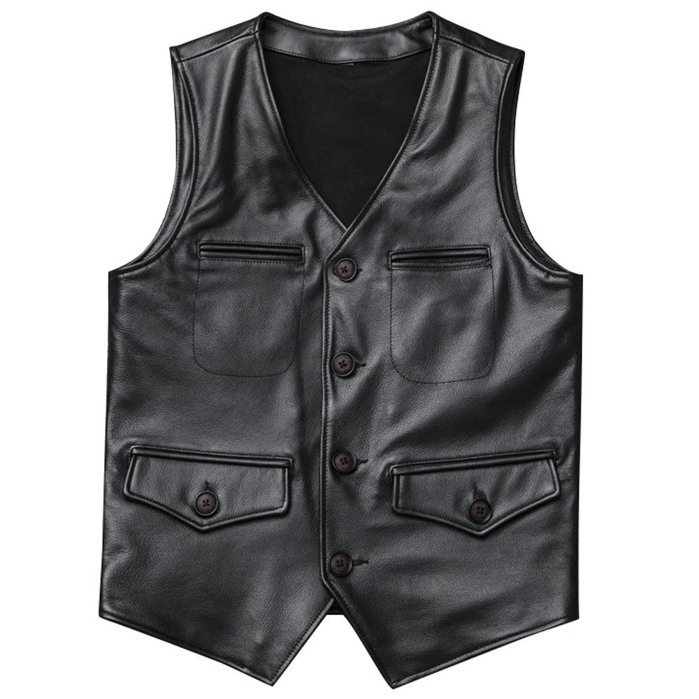 

American Fashion Cowhide Vest Coat For Men Genuine Leather Summer Style Mans Waistcoat Weskit Overcoat 4XL Sleeveless Jackets