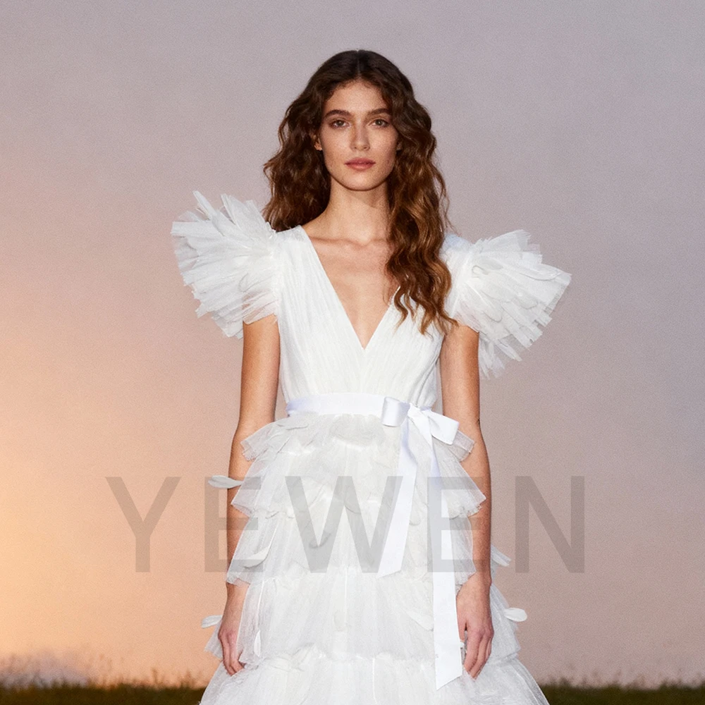 V Neck Tulle Tiered A Line Prom Bridal Long Dress for Photo Shoot Boho Elegant Gowns Occasion Maxi Wedding Dresses for Parties