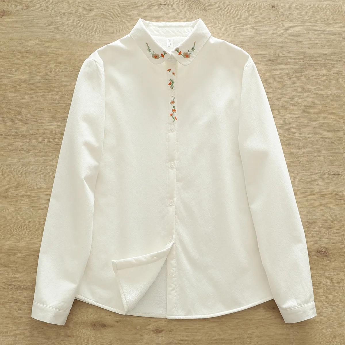 جديد 2025 الخريف قميص قطني بكم طويل الصوف ، المرأة التلبيب الأزهار التطريز ، موري فتاة مزاجه بلوزة فضفاضة دافئة T5O883CC #3