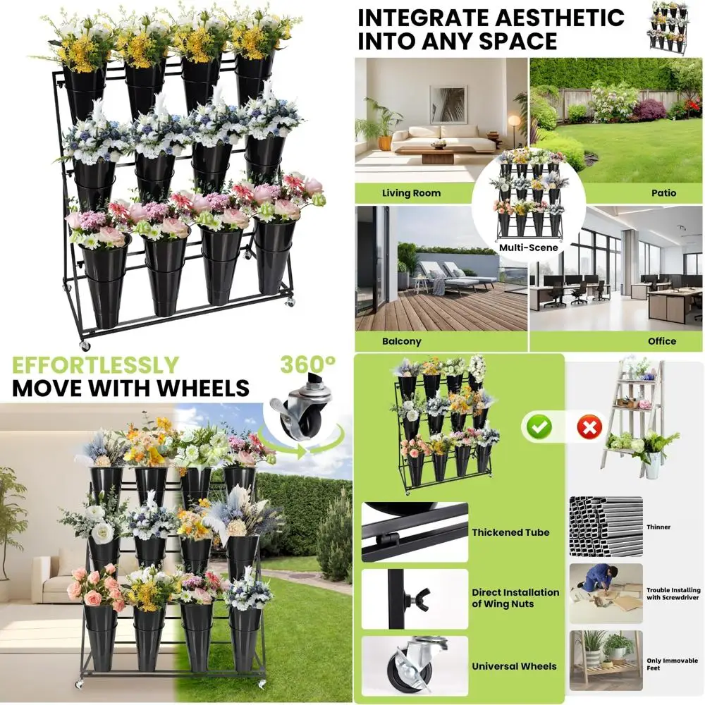 

3-Tier Metal Flower Cart with 12 Buckets, Rolling Patio Garden Display Stand for Home Living