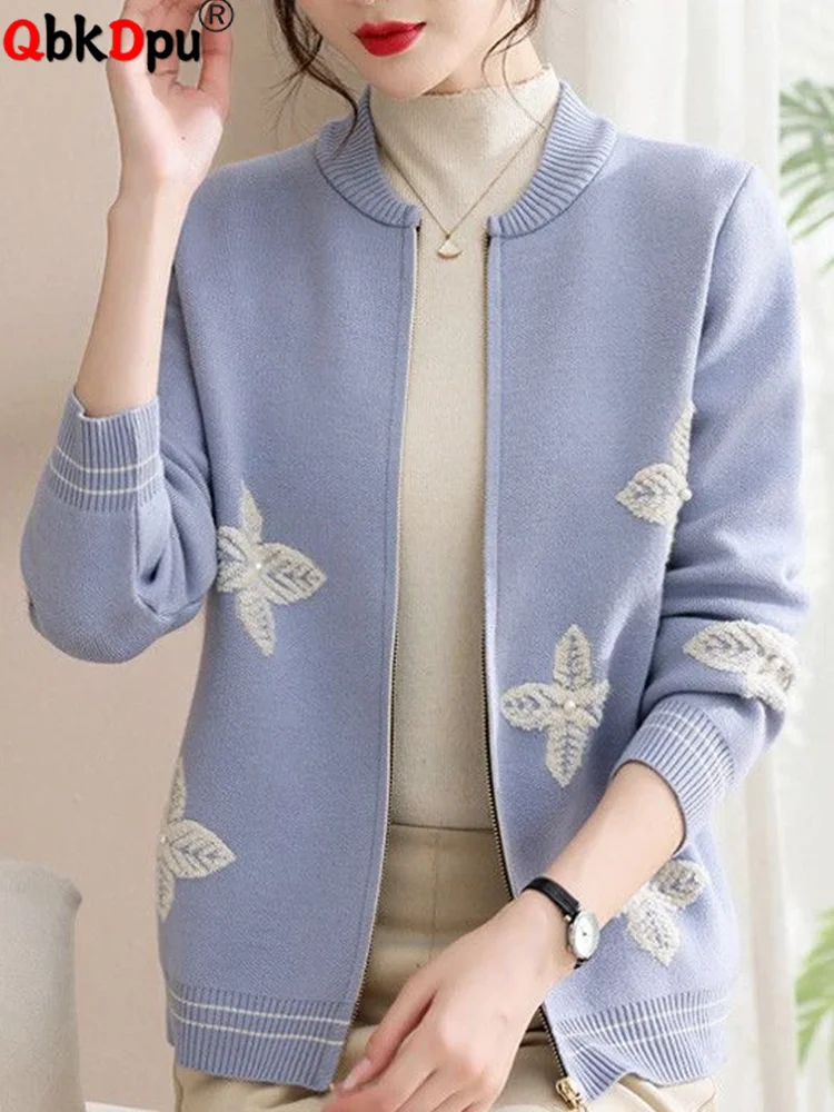 

Корейский дизайн вышивки, вязаная верхняя одежда, женские повседневные вязаные свитера на молнии с круглым вырезом, пальто, топы, осенне-зимние куртки с длинными рукавами