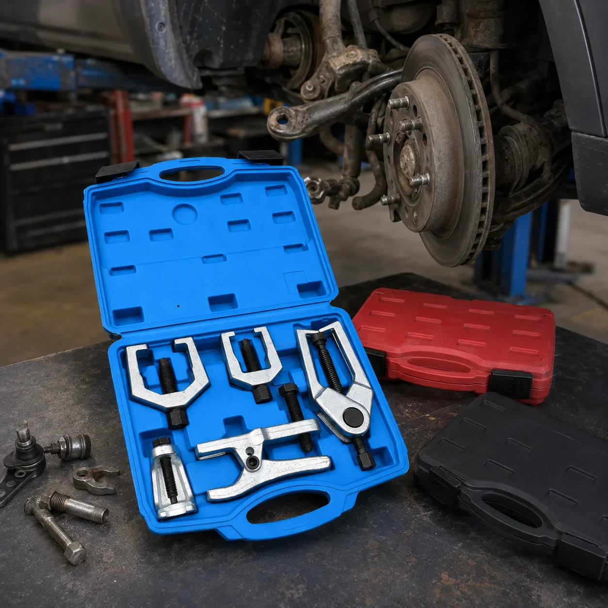 Heavy Duty Automotive Ball Joint Removal Tool Set with Blue Black Red Hard Case and Forged Steel Separator Pullers