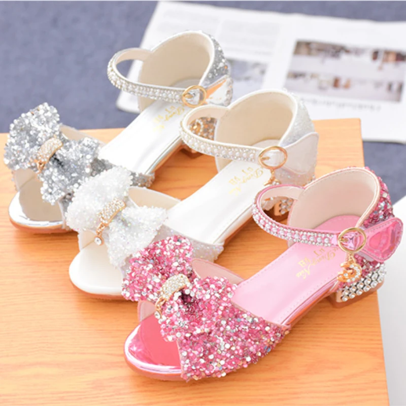 Children\'s Sandals Summer Princess Crystal Shoes 2023 New Girls High Heels Fashion Sequins Girls Soft Bottom Performance Shoes