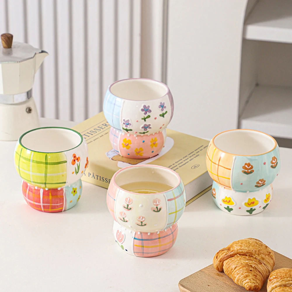 Color Block Relief Pattern Ceramic Mug Underglaze Coffee Milk Cup Cute Drinkware  Fresh Pastoral Style Mug Home Dining Tableware