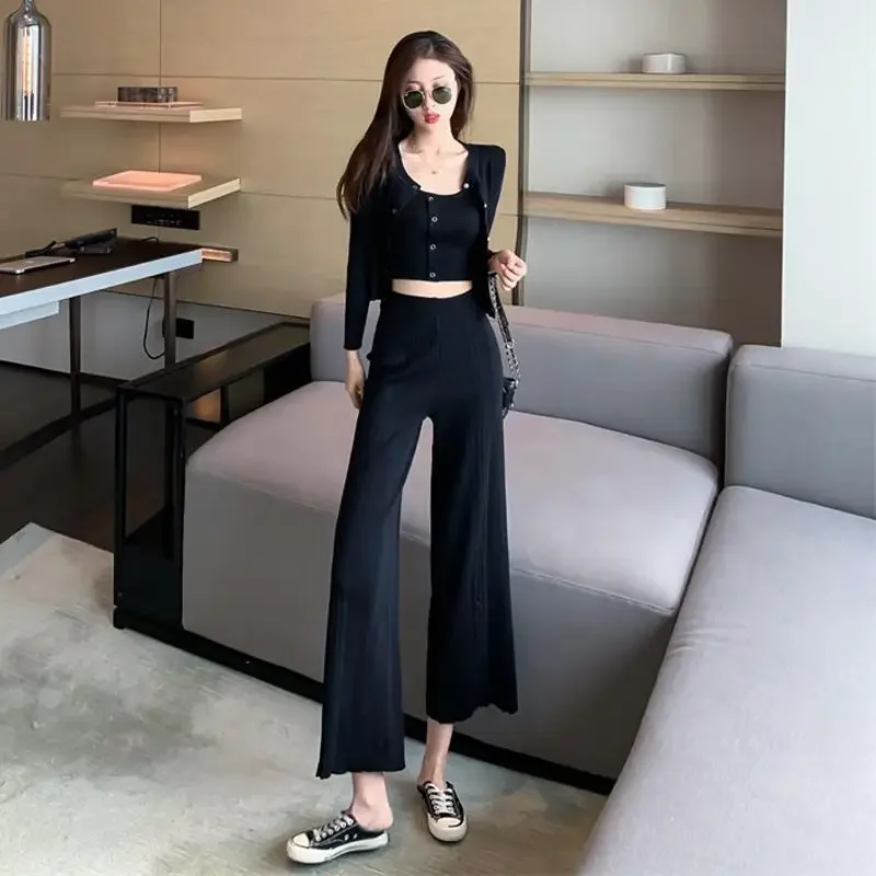 Autumn Winter Trousers Woman Knitted Wide Leg Pant Sets for Women 2 Pieces Sweater Crochet New Matching Aesthetic Casual Elegant