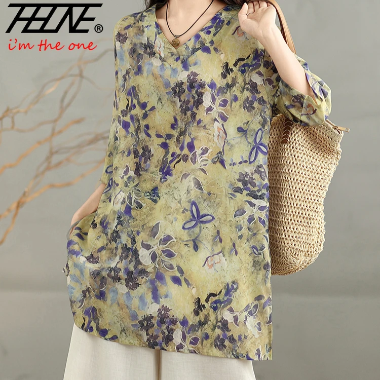THHONE New Fashion Summer Woman Blouse 2025 Floral Pullover V-Neck Print Elegant Vintage 3/4 Sleeves Korean Style Loose Shirts