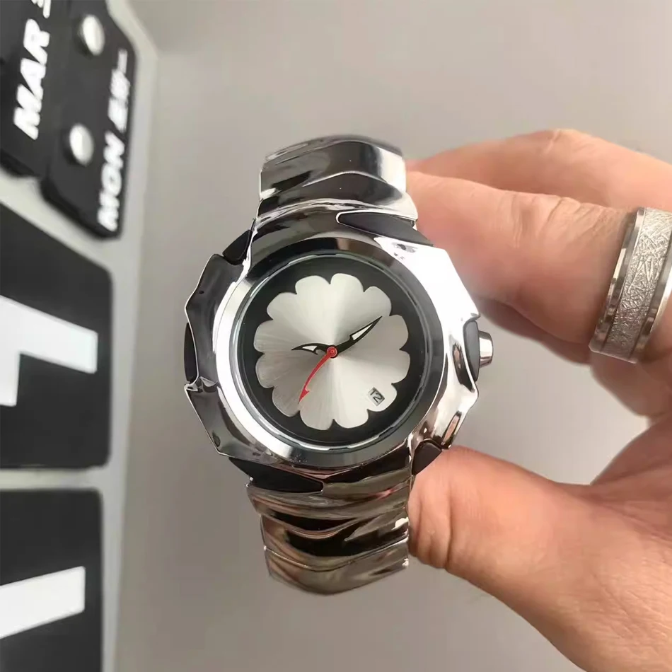 Reloj de Cuarzo para Hombre con Caja Irregular Única, Diseño de Esfera Floral, Correa de Aleación, Estilo Y2K Futurista, Caja Alienígena, Color Negro