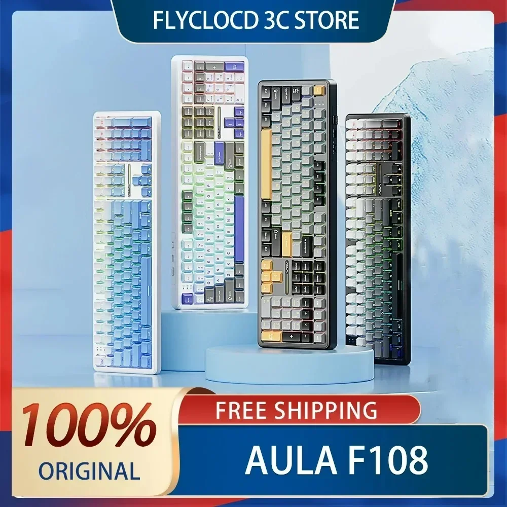 AULA F108 Gaming-Tastatur, 2,4 G kabellos/Bluetooth/kabelgebundene mechanische Tastatur, 100 %