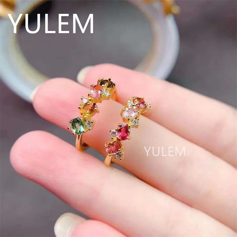 YULEM Natural Colorful Tourmaline Ring 925 Sterling Silver Hot Selling Women's Band Ring NEW 3x4mm