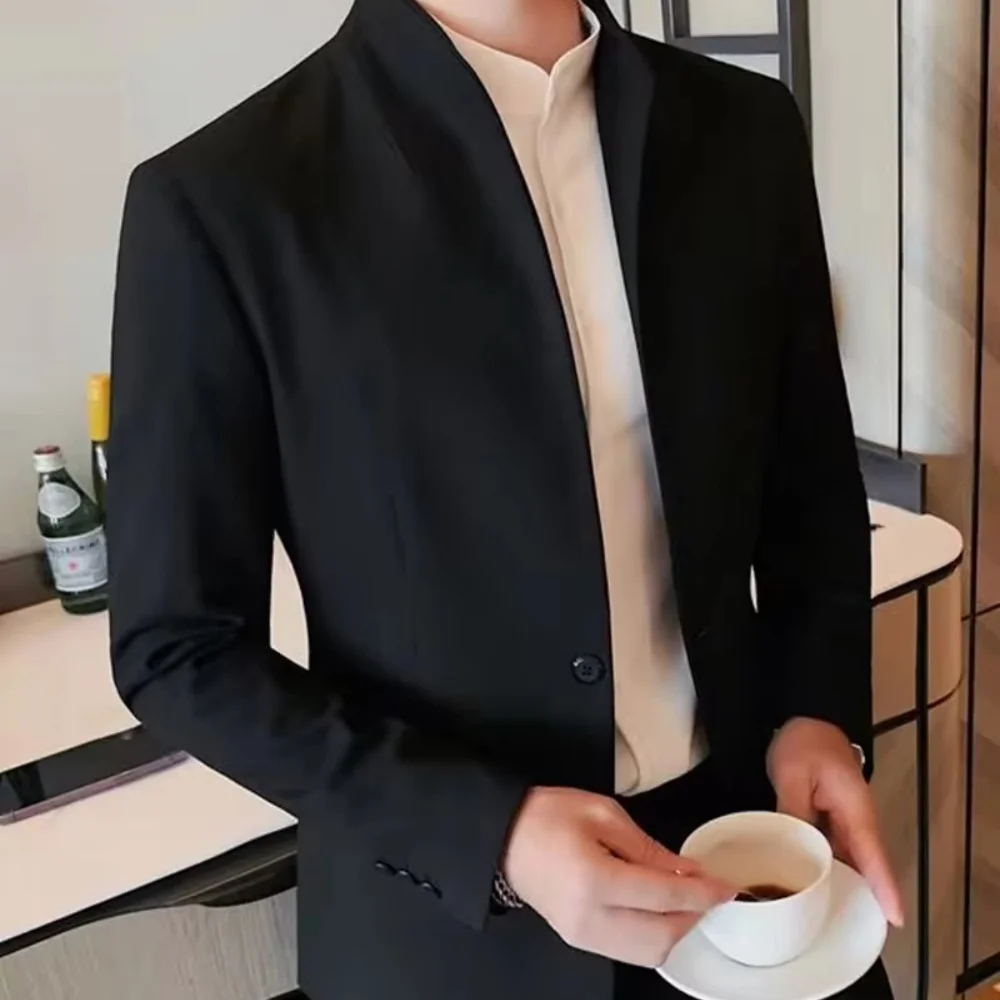 Fashion Men Suit Jackets Business Uniform Work Blazer No CollarS Tops Slim Fit Wedding Business Suit For Men Only Jacket