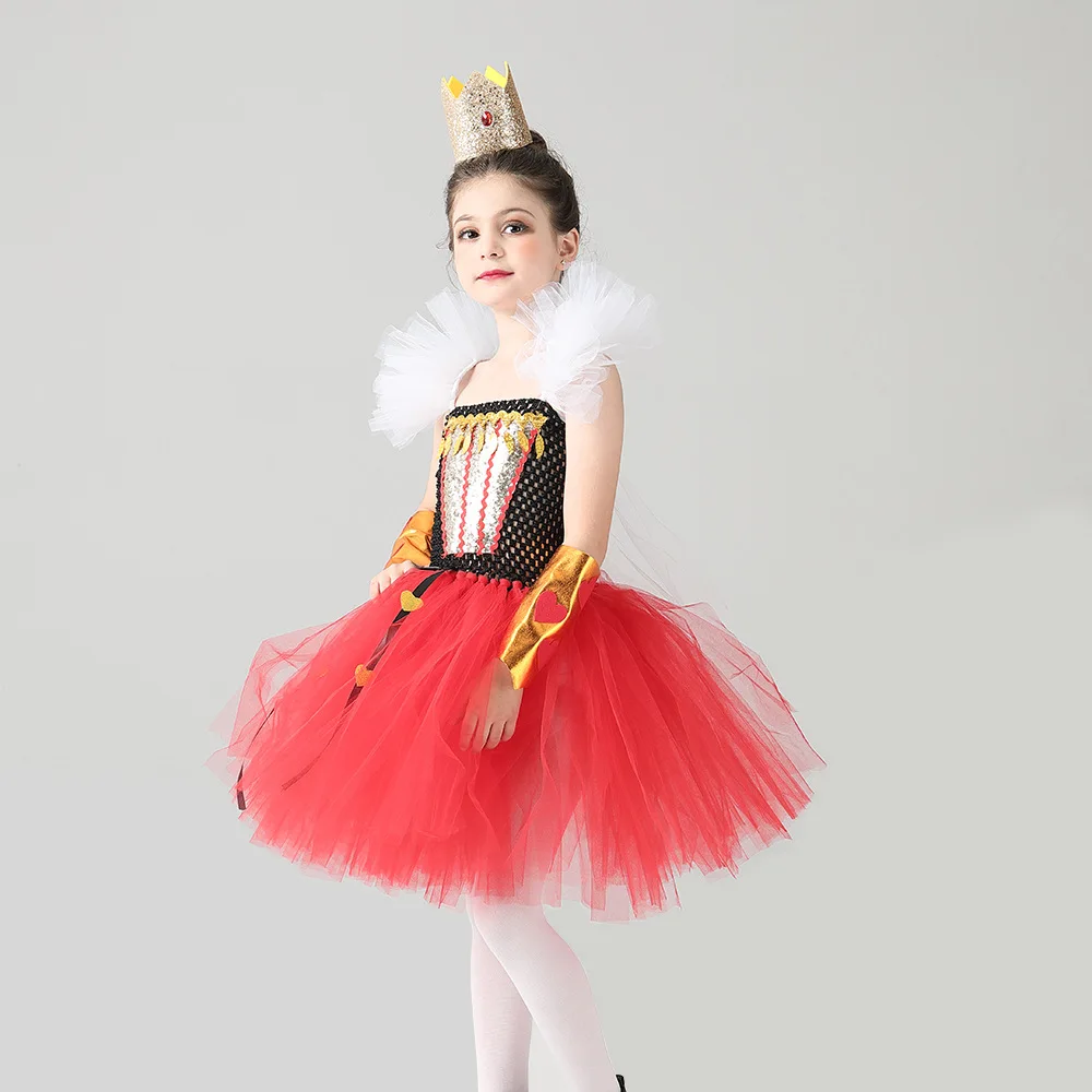 Girl RedHeart Pattern Queen Style Mesh Tutu Dress With Crown Set Halloween Masquerade Party Role Play Stage Performance Clothing