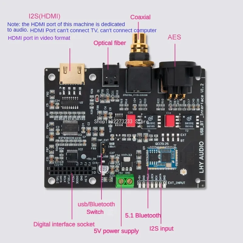 Digital Audio Output Board I2S To Coaxial Fiber SPDIF AES HDMI USB Interface QCC5125 Bluetooth 5.1 LDAC 24Bit 192K