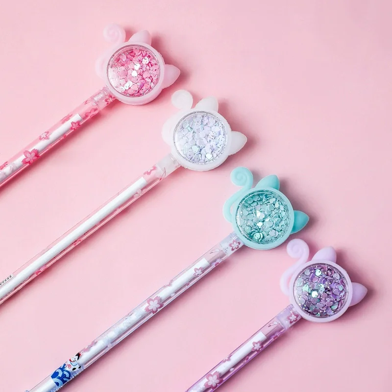 

4 шт./компл. гелевая ручка Kawaii с блестками и кошачьим хвостом, гелевые ручки с черными чернилами, прозрачный стержень, офисные школьные канцелярские принадлежности, детская ручка для письма