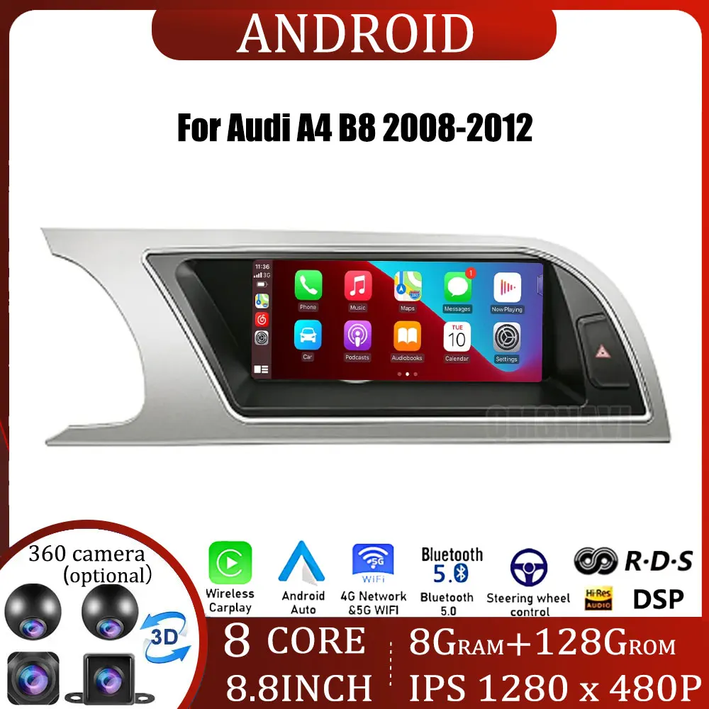 

8.8'' Android 14 Car Multimedia Screen For Audi A4 B8 2008-2012 WIFI Wireless Carplay 4G Google USB IPS Touch Screen