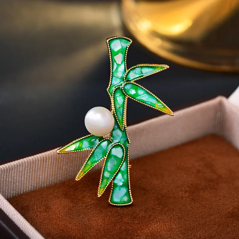Chinese Style Green Bamboo Brooch Exquisite Freshwater Pearl Pin Lucky Auspicious Blessing Jewelry For Women Daily Apparel Gift