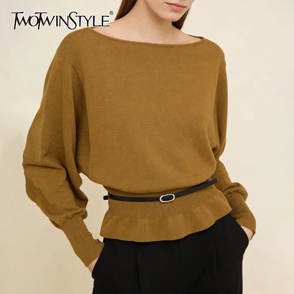 

TWOTWINSTYLE Solid Elegant Mature Knitwear for Women Bow Neck Batwing Sleeve Spliced Sashes Slimming Temperament Sweaters Female