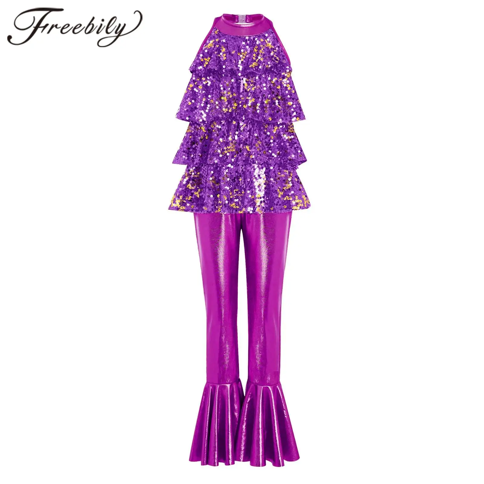 

Детский танцевальный костюм для диско-джаза для девочек: комбинезон с пайетками и оборками, брюки-клеш, боди без рукавов, праздничный ромпер