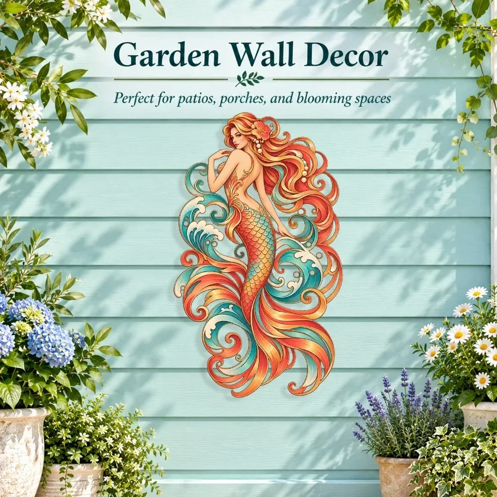CIFBUY Iron Wall Art Red Turquoise Mermaid Siren Ocean Wave Silhouette Sculpture Rust Proof Waterproof Indoor Outdoor Decor