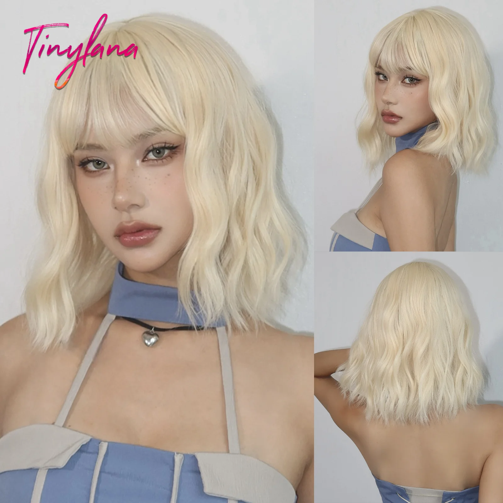 Beige Blonde Bob Wavy Synthetic Wigs with Bangs Short Cosplay Lolita Wigs for Women Afro DaiIy Natural Heat Resistant Fake Hair