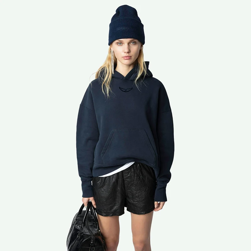 

Spring 2025 Women's Fce-lined Hoodie Angel Ba Print Wings Front Print Street Sle Casual Long Sve Cotton Sweatirt