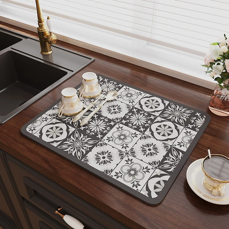 Super Absorbent Quick-Dry Non-Slip Kitchen Mat - Dish Drying Mat with Retro Floral Pattern, for Coffee Bar, Sink, Dining Table