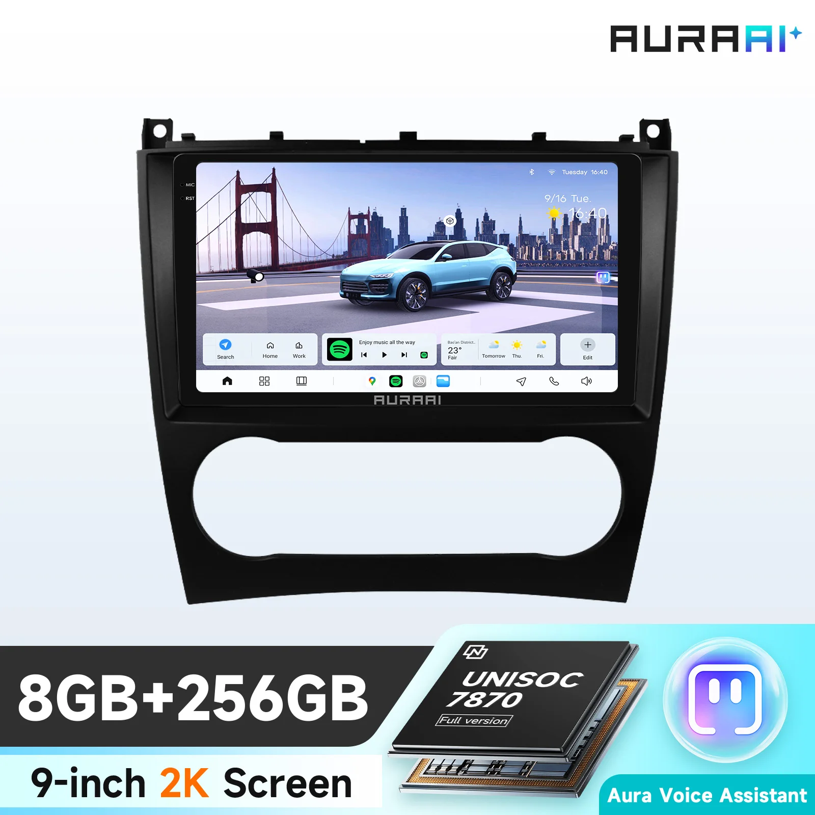 Autoradio AURAAI 2K avec écran sans fil CarPlay Android 13 pour Mercedes Benz CLC W203 Classe C C180 C200 CLK200 CLK W209 ADAS Caméra 360° 4G WIFI6 BT 3D UNISOC 7870