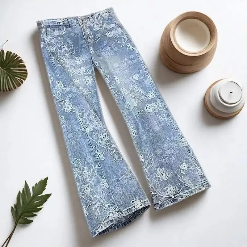 Light Blue High Street Full Print Jacquard Jeans Pants Men's Autumn Design Straight Scimitar Cargo Pants Men Baggy Jeans