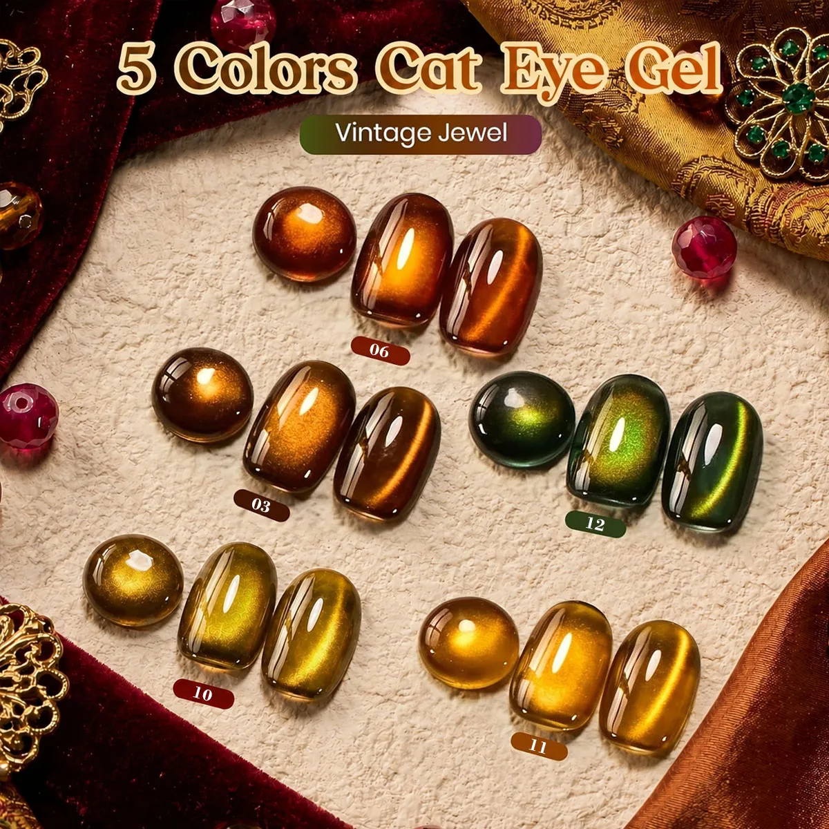 QAZIXU 1/5Pcs Warm Winter Glow Cat Eye Gel Polish 10ml Amber Orange Gold Green Magnetic Shimmer Effect Semi Permanent Nail Art