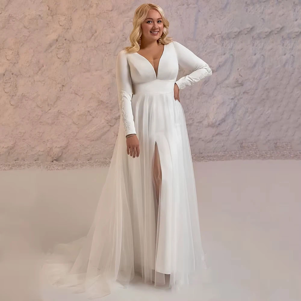 Customized Sexy New Wedding Dress Plus Size Bride Long Sleeves Deep V NECK Slit A Line Modern Sweep Train Vestidos Bridal Gown