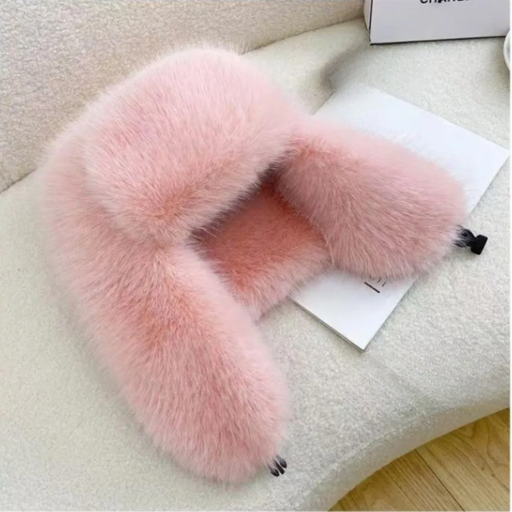 

Soft Thick Faux Fur Hat Windproof Fluffy Ear Protection Cap Warm Earmuffs Adjustable Russian Cap Winter