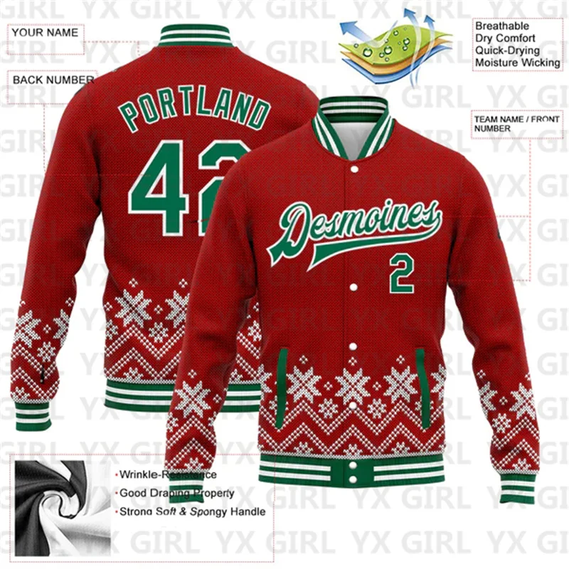 Custom Red Kelly Green-White Christmas 3D Bomber Full-Snap Varsity Letterman Jacket 3D Baseball Button Jacket