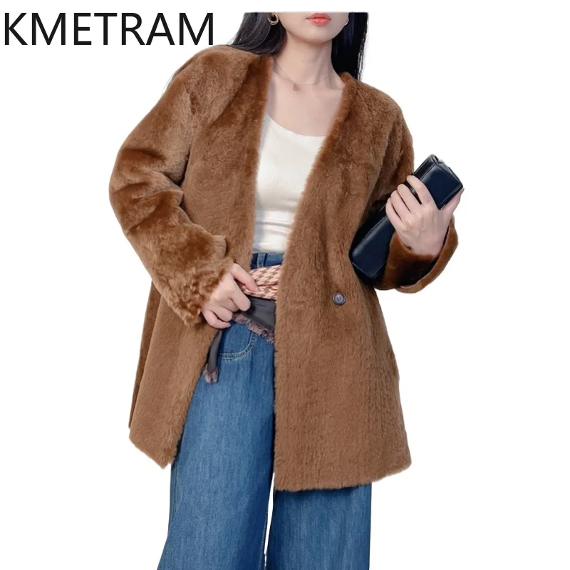 Naturale Lagun Lana Pelle di Pecora Double Face Giacca di Pelliccia Delle Donne Nuovo Marrone Con Scollo A V Reversibile Cappotto di Pelliccia Reale Inverno Donna Abbigliamento 2025