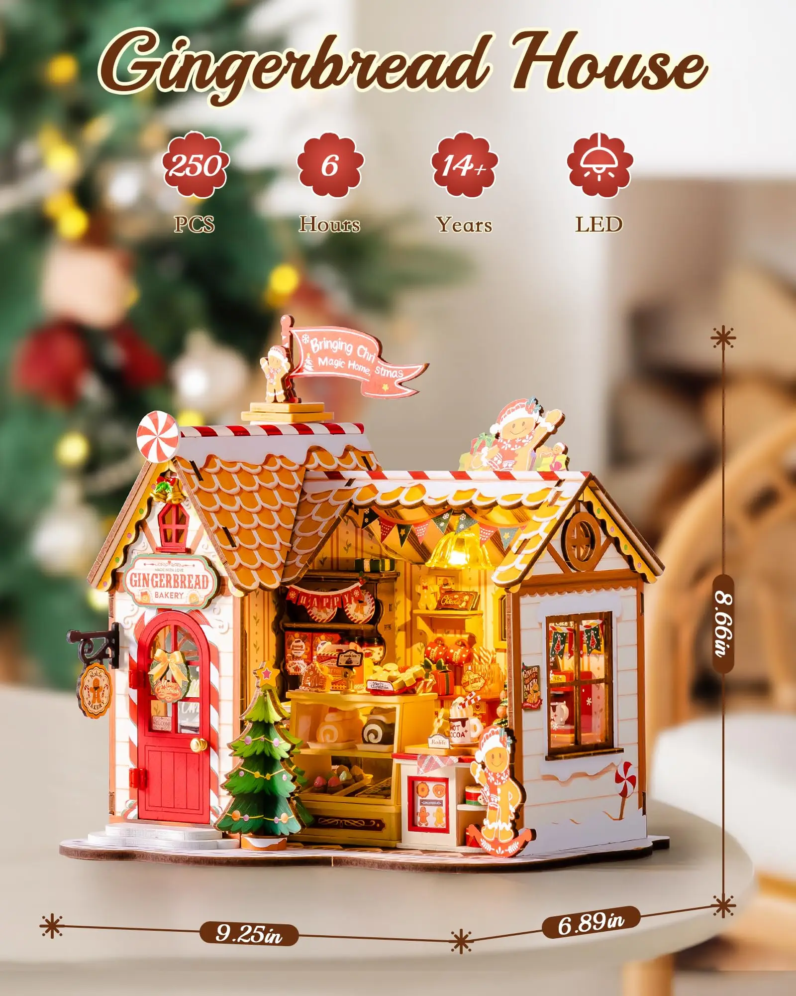 Rolife Casa di pan di zenzero Kit in miniatura fai-da-te Casa delle bambole a tema natalizio con luci per la decorazione domestica Regalo di festa per un amico di famiglia