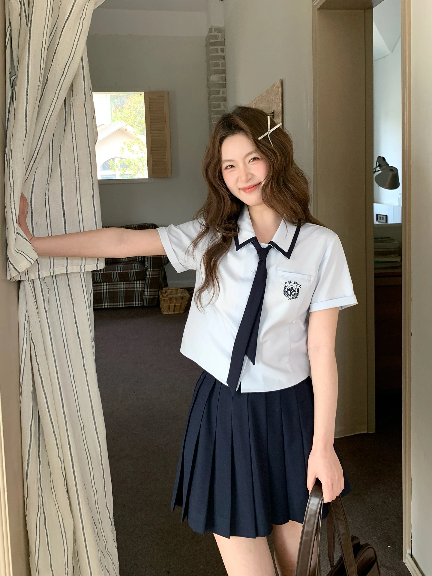 

Новая летняя женская синяя блузка в стиле JK с коротким рукавом, приталенная, в студенческом стиле, для школы, от Tokyo Annual Record