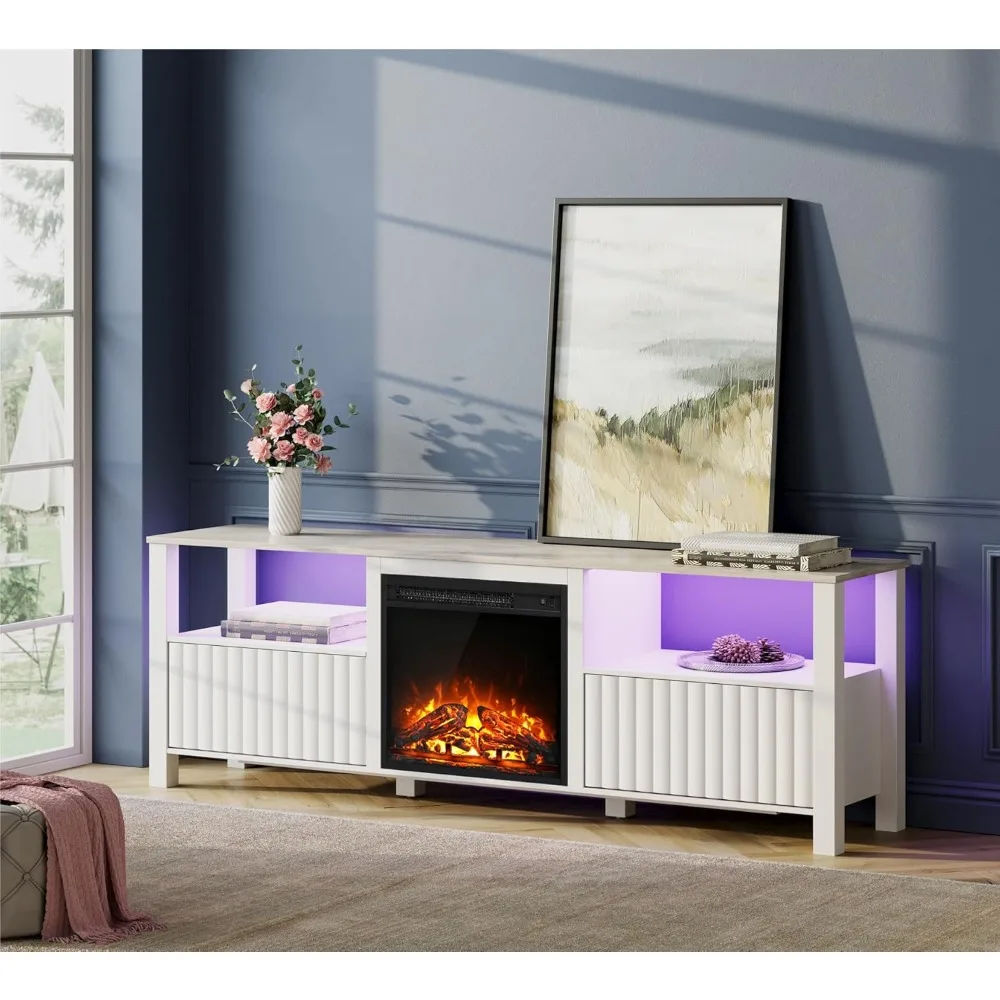 Electric Fireplace TV Stand for 75 Inch TV with 16 Color LED Light, Wood TV Console Table with  Fireplace Insert