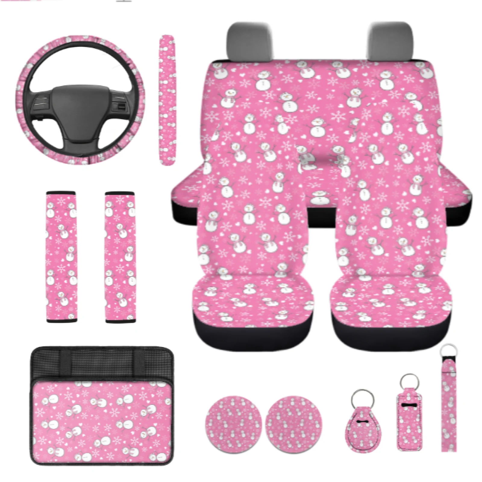 Coloranimal Pink Snowman Pattern 13 PCS Car Seat Cover Set with Durable Lip Balm Pouch and Car Armrest Box Pad for Trucks