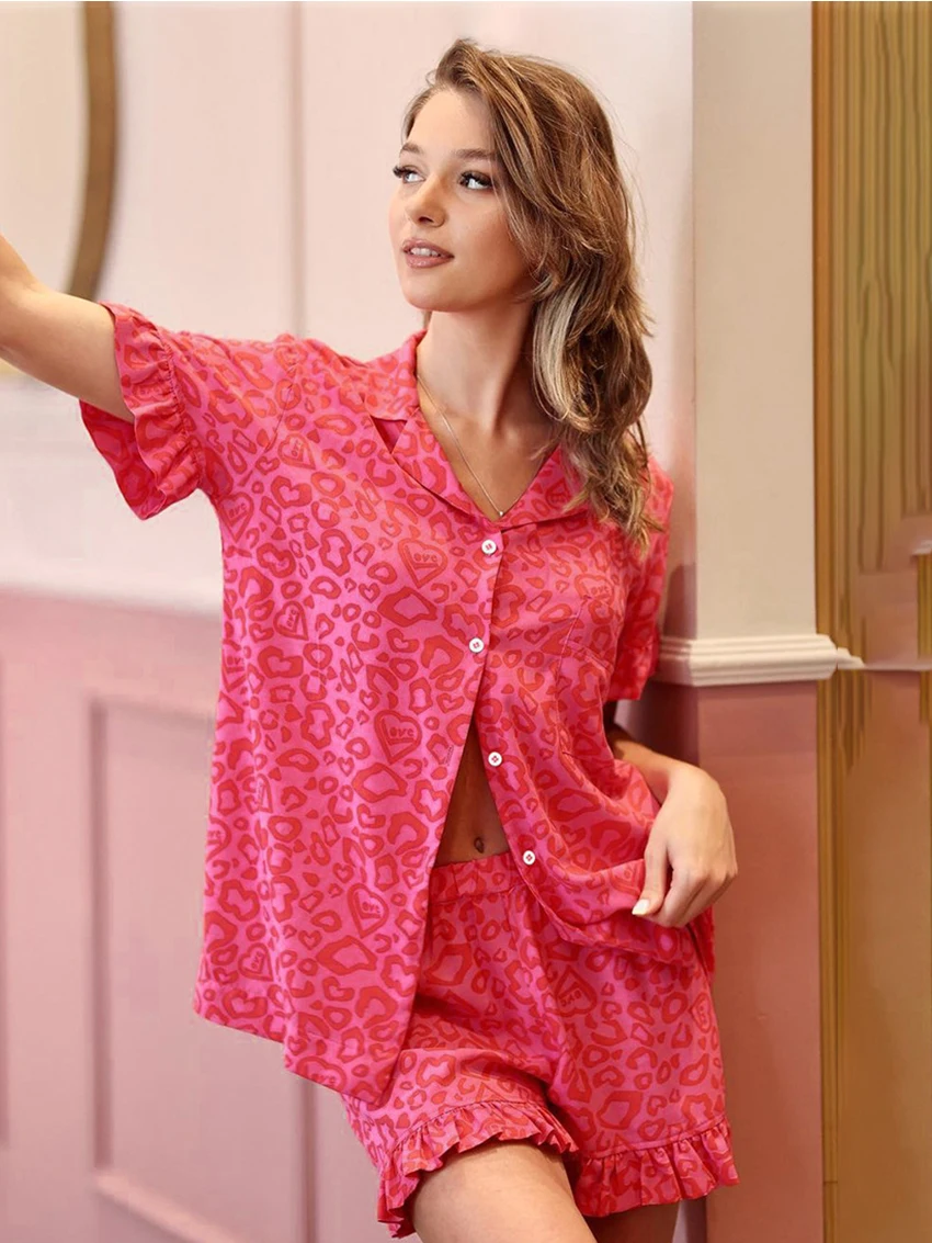 Mathqiqi Printing Ladies Nightwear Set Short Sleeve Nightgowns Turn-Down Collar Pajamas Shorts Casual Summer Female Nightie Suit