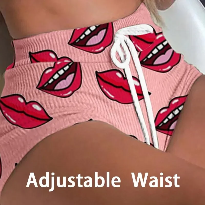 Summer Short Sexy Casual Lips Print Female Sleepwear Suit Pajamas 2pcs Top+Pants Skinng Women Homewear Underwear