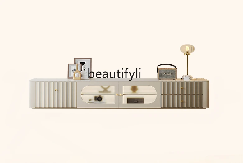 Cream Style TV Cabinet and Tea Table Combination Simple Modern Solid Wood Milky White Floor Side Cabinet