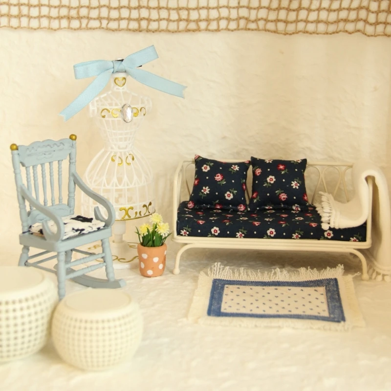 ミニチュア鉄ソファリビングルーム家具セットテーブルラグ付き 1/12 ドールハウス装飾子供ごっこ遊びゲーム 15UB