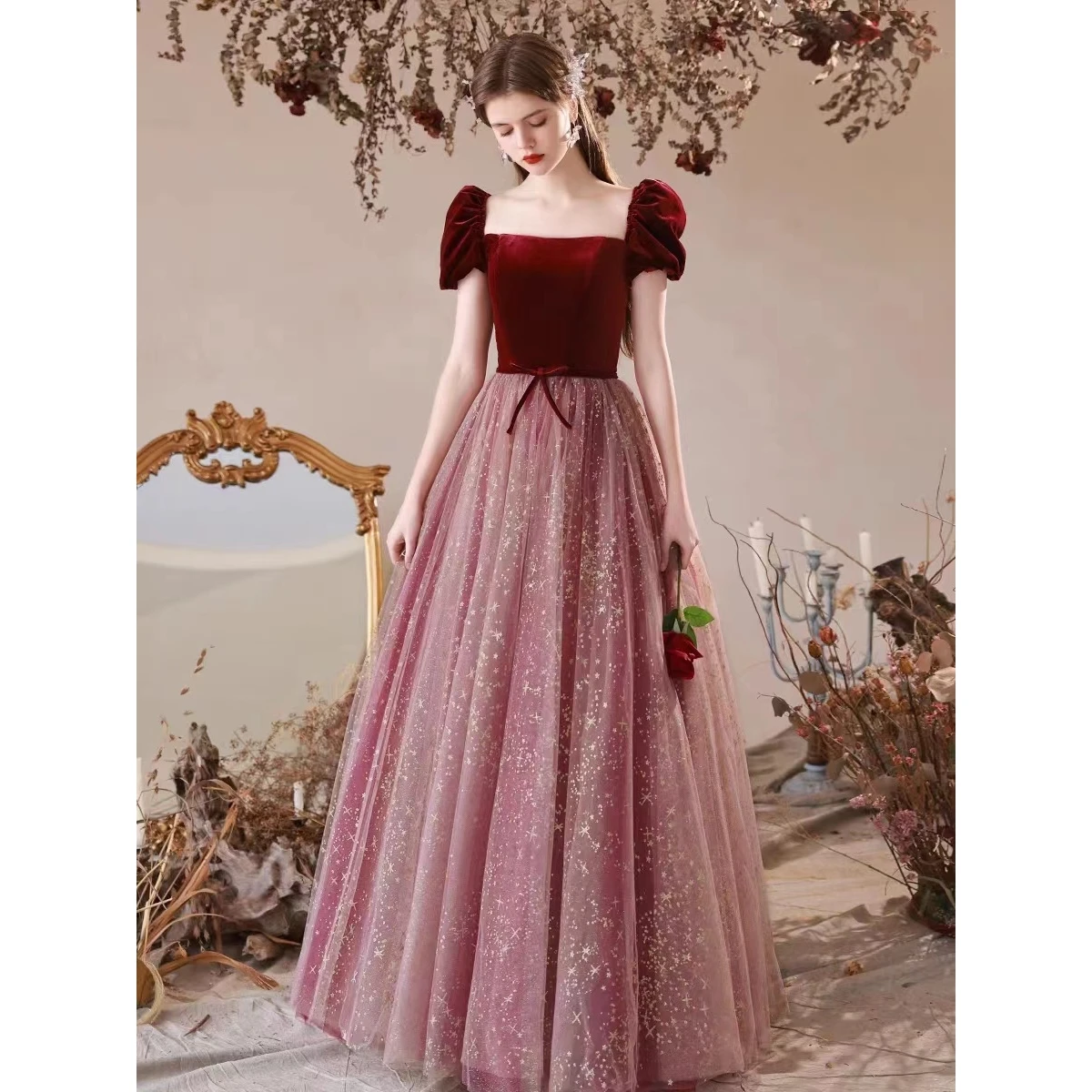 여성 튤 프롬 드레스 이브닝 가운 호스팅 기품 가을 겨울 벨벳 드레스 포멀 드레스 여성 우아한 파티 드레스