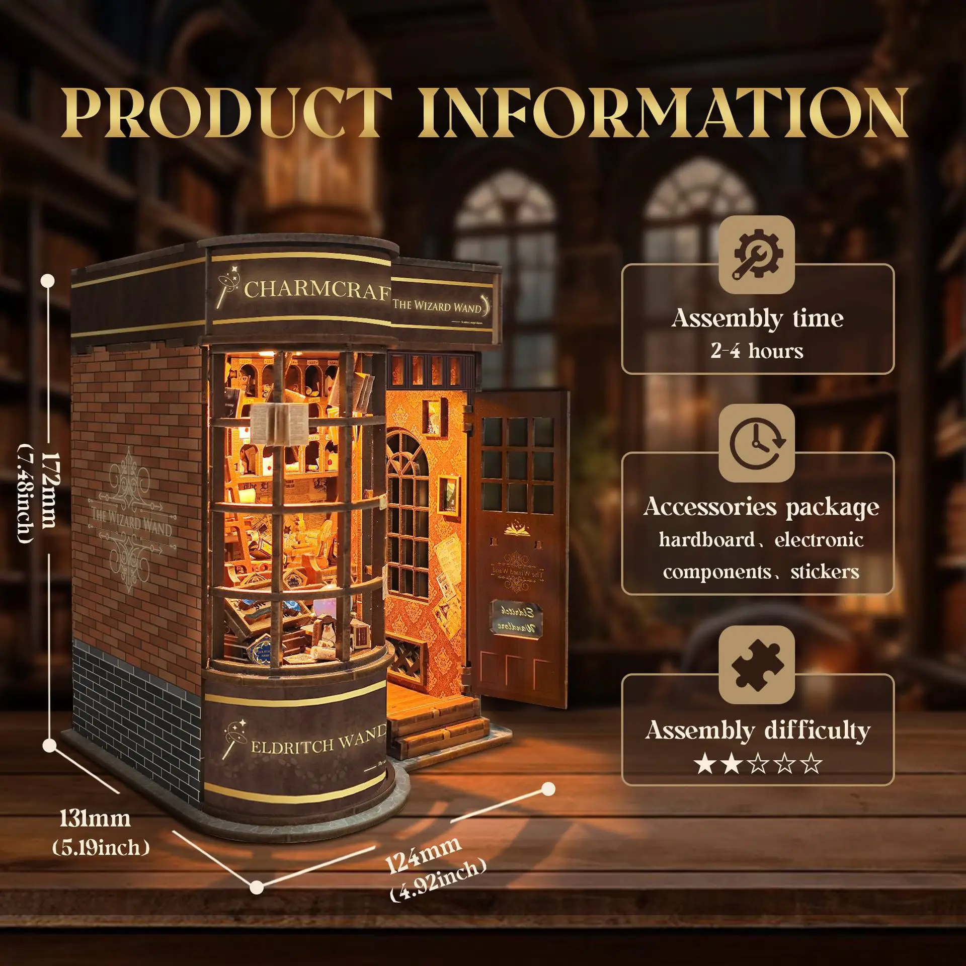 مجموعة OUZEY 3D Vintage Wizard's Shop Book Nook DIY - نموذج متجر سحري مصغر مع تماثيل، هدية ديكور رف الكتب للبالغين