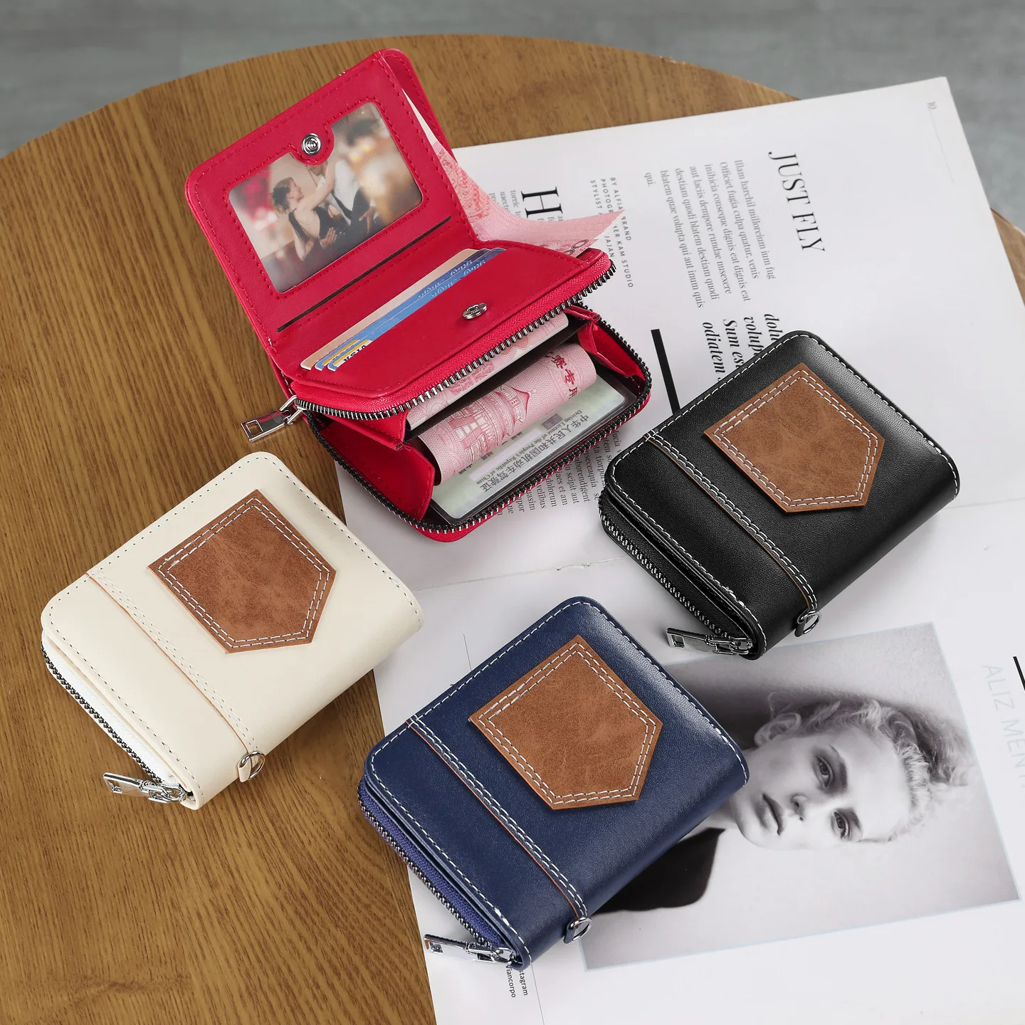 Vintage Spliced PU Mini Wallet ID Window Multi Card Zipper Coin Purse Portable Card Holder Men Women Daily Travel Birthday Holid