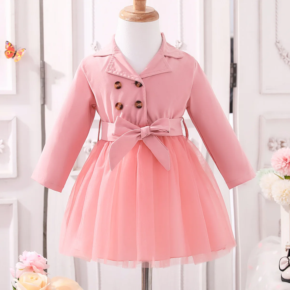 Toddlers Autumn Dress Girl Solid Long Sleeve Clothes Turndown Collar Children Casual Costume Bow Disguise 1-5Years Old