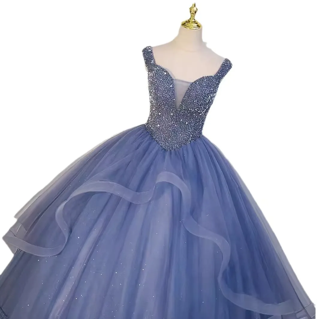 Vestido de quinceañera mexicana azul polvoriento de lujo, corsé con cuentas de lentejuelas, vestido de baile, fiesta de cumpleaños, vestido de graduación, 15 años