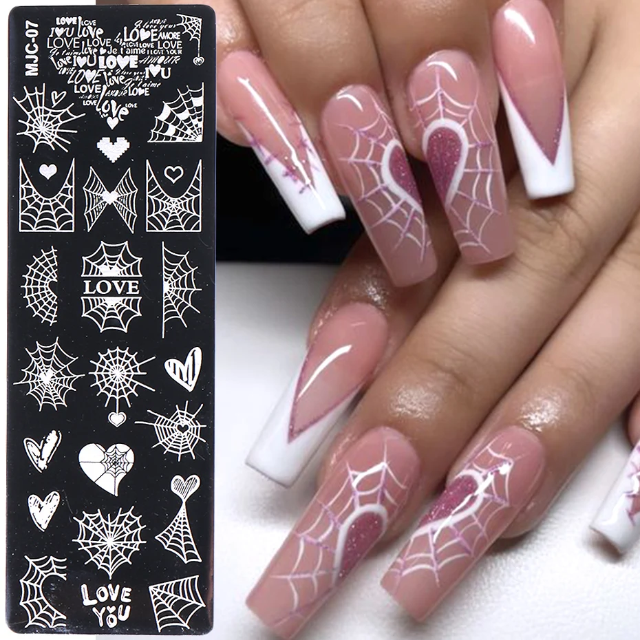 Placas de estampado de uñas para Halloween, corazón, telaraña, hoja de arce, flor, mariposa, lazo Y2K, Otoño Invierno, plantillas de sellos de imagen para decoración de uñas
