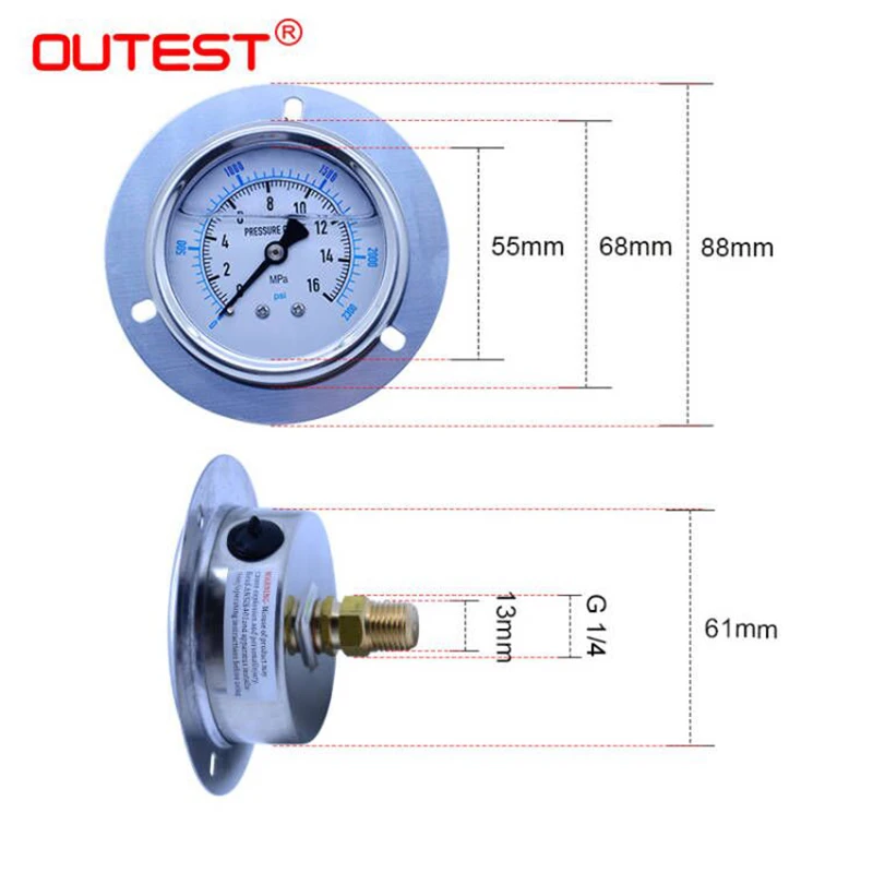 OUTEST Air oil water Hydraulic Pressure gauge Thread G 1/4 13mm Axial stainless steel manometer pressure gauge wide range choice